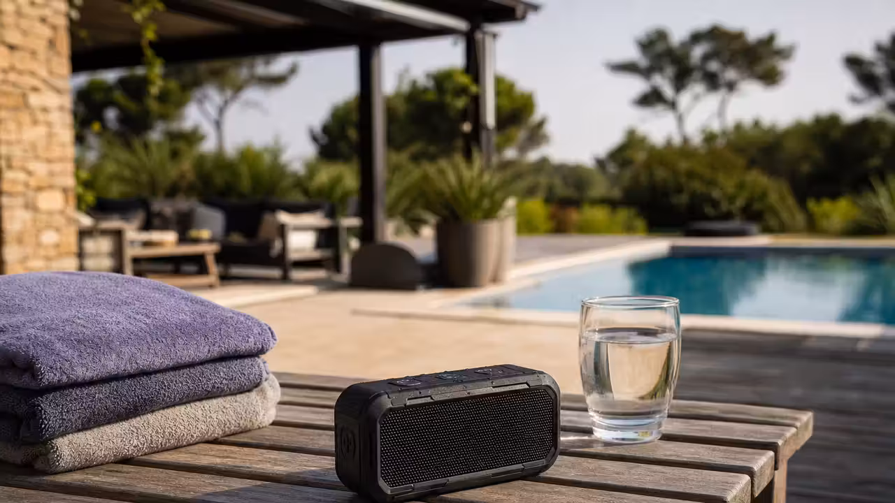 Enceinte Bluetooth résistante à l’eau posée sur une table en bois, à distance d’une piscine extérieure