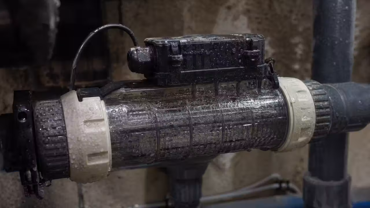 Cellule d'électrolyseur de piscine installée sur le circuit de filtration dans un local technique