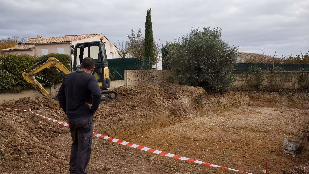 Terrassement d’une piscine dans un jardin, avec une pelleteuse près d’une excavation sécurisée