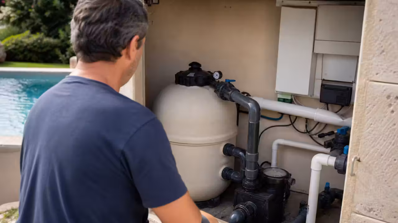 Technicien contrôlant le local technique d’une piscine avec filtre, pompe et coffret de commande