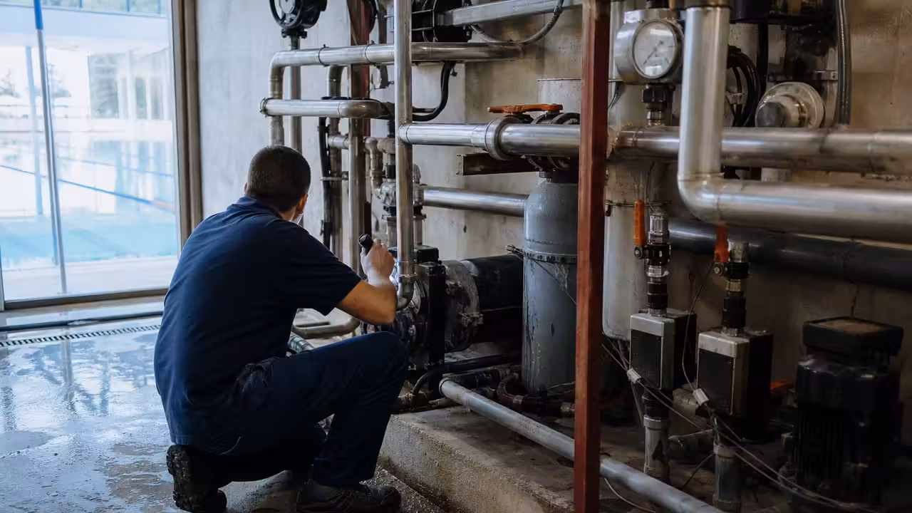 Technicien inspectant le local de filtration d’une piscine municipale pendant une fermeture technique