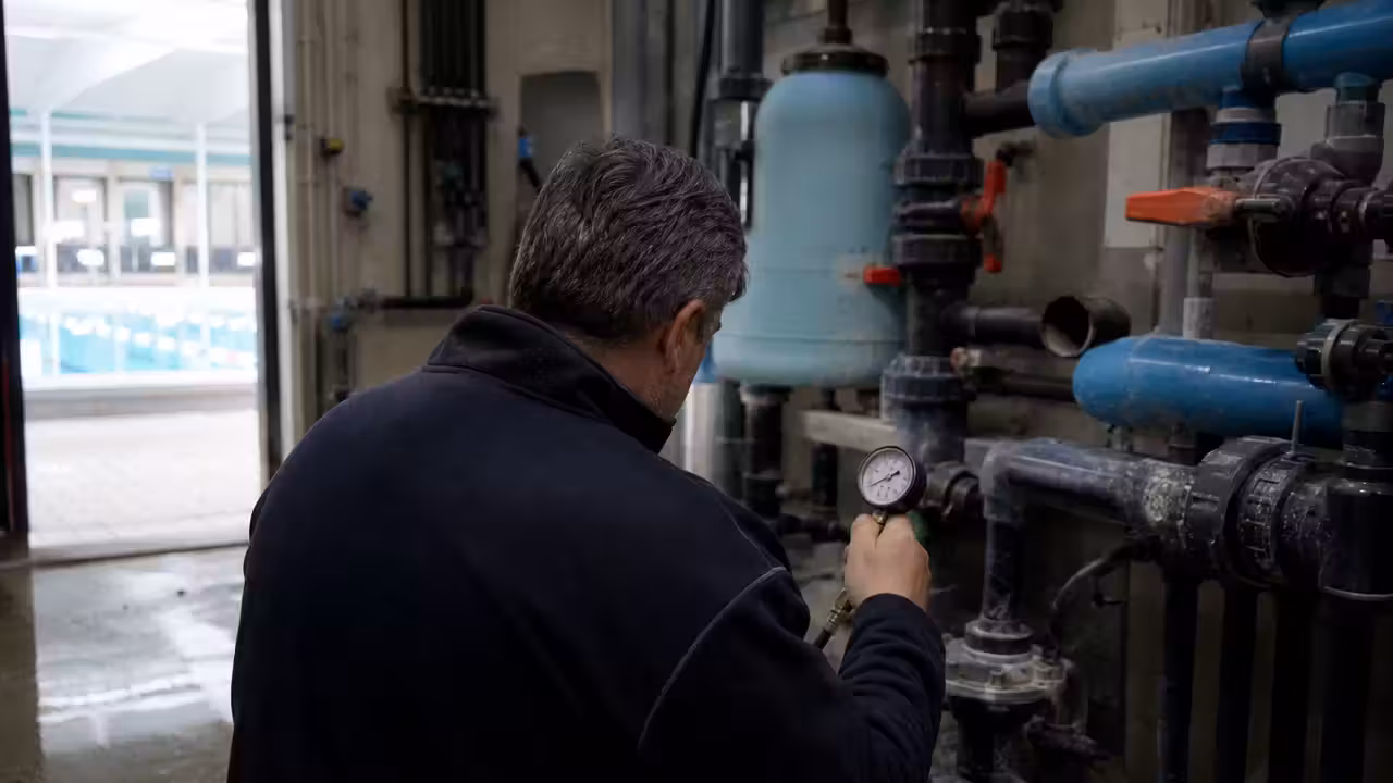 Technicien inspectant des canalisations dans le local technique d’une piscine publique fermée pour fuite