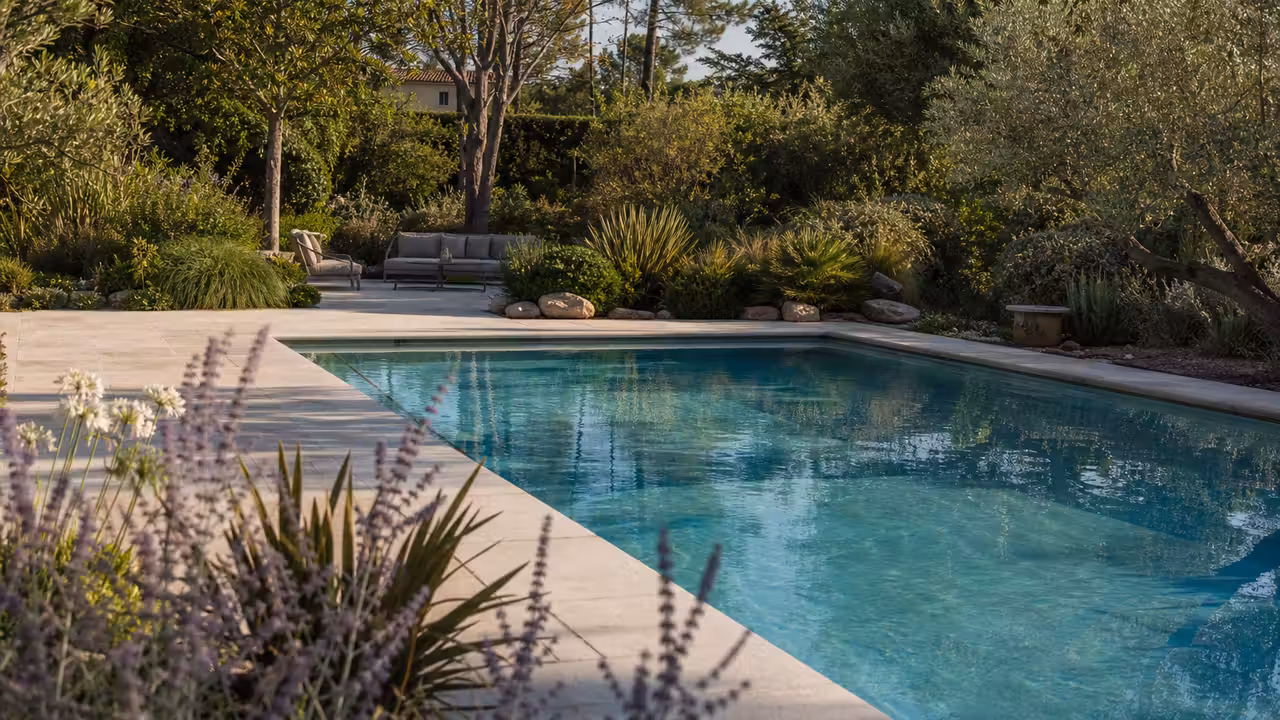 Piscine rectangulaire intégrée à une terrasse minérale, entourée de massifs végétaux et d’un jardin paysager