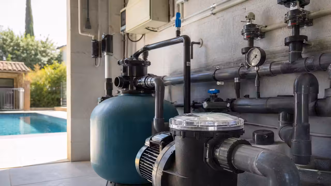 Pompe de filtration installée dans un local technique avec préfiltre transparent et canalisations raccordées