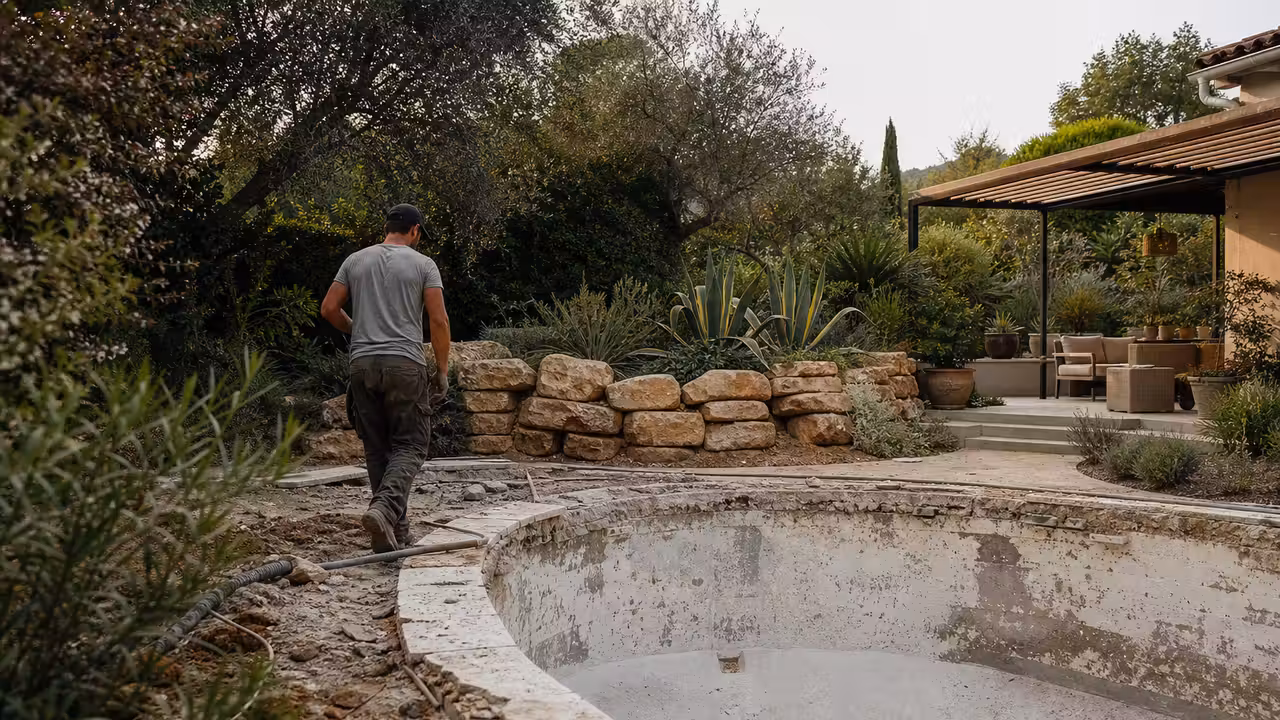 Jardin méditerranéen en rénovation autour d’un bassin vidé, avec terrasse et plantations à aménager