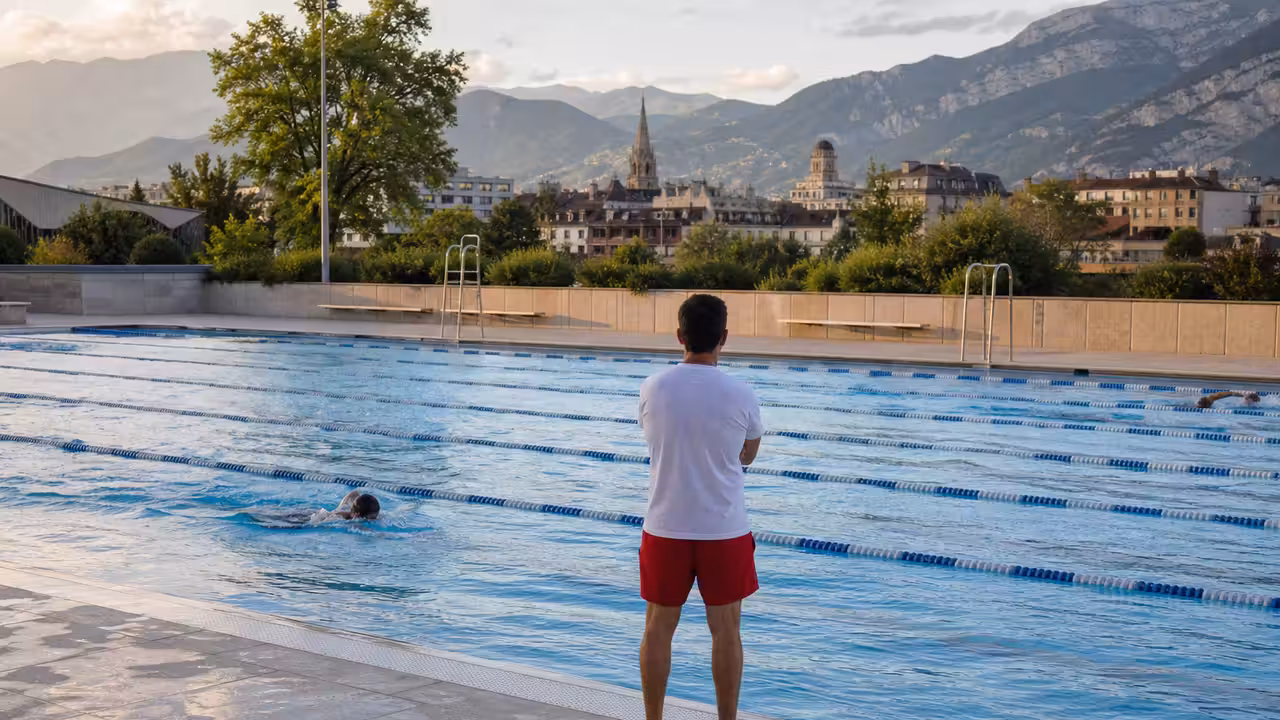 Nageurs et familles dans un bassin extérieur municipal sous la surveillance d'équipes de piscine