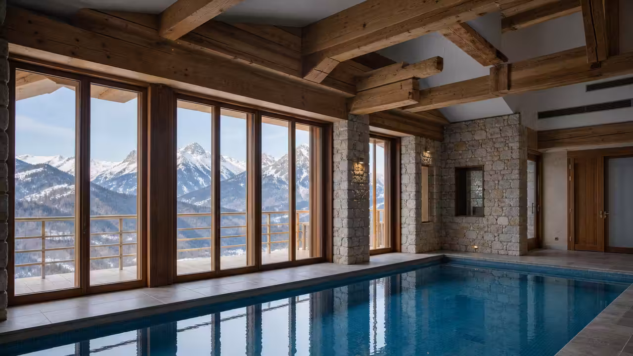 Piscine contemporaine intégrée à une résidence alpine, avec baies vitrées et montagnes en arrière-plan