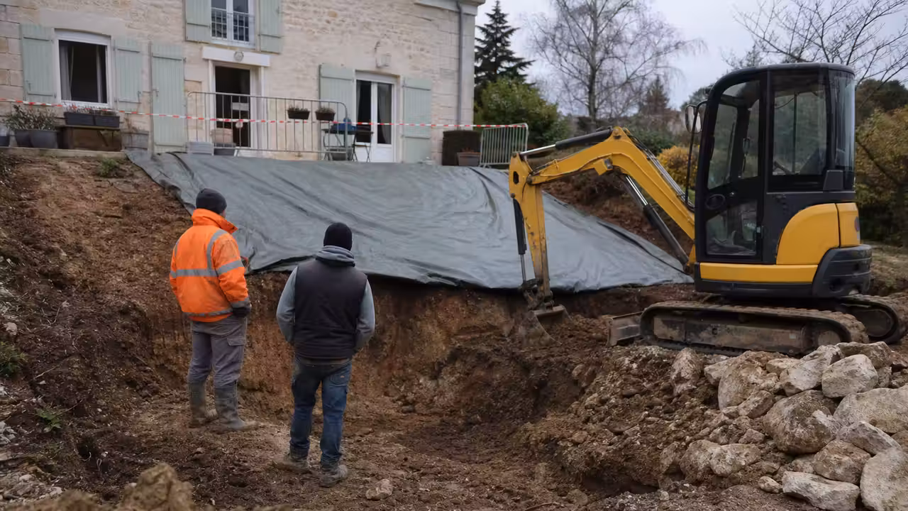 Terrassement d’une piscine dans un jardin, avec une zone de fouille temporairement sécurisée par des rubans.