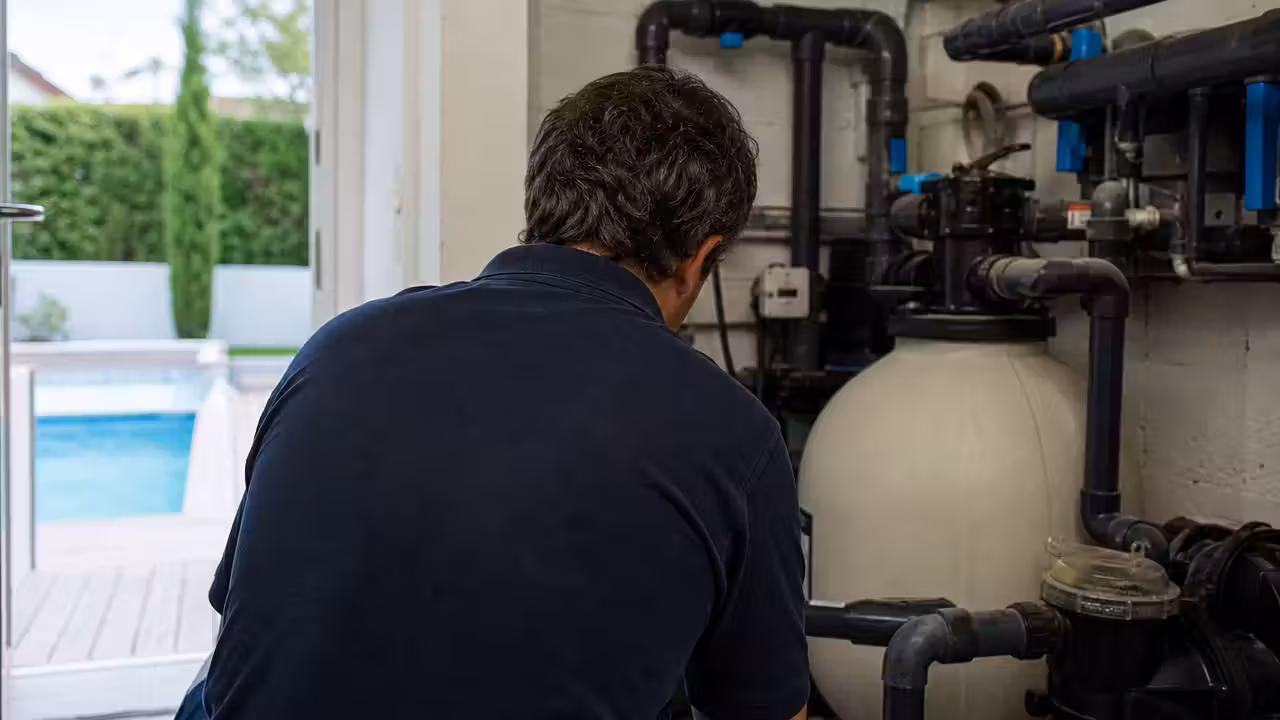 Technicien comparant des équipements de filtration près d’une piscine privée en cours de rénovation