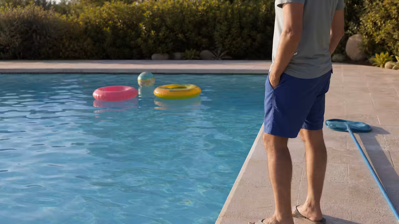 Adulte au bord d’une piscine surveillant un jeu aquatique avec accessoires colorés