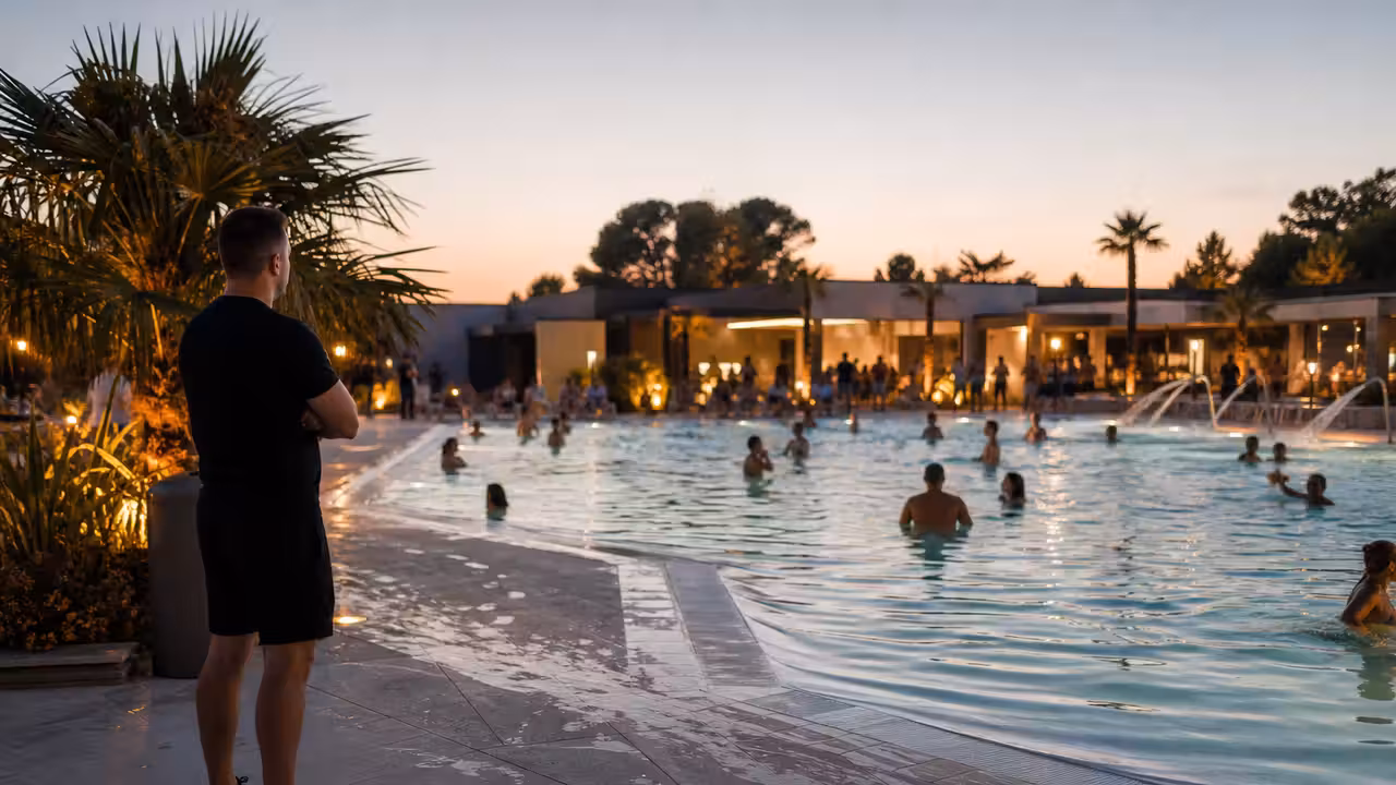 Groupe d’adultes au bord d’une piscine éclairée, avec un bassin dégagé et une surveillance attentive
