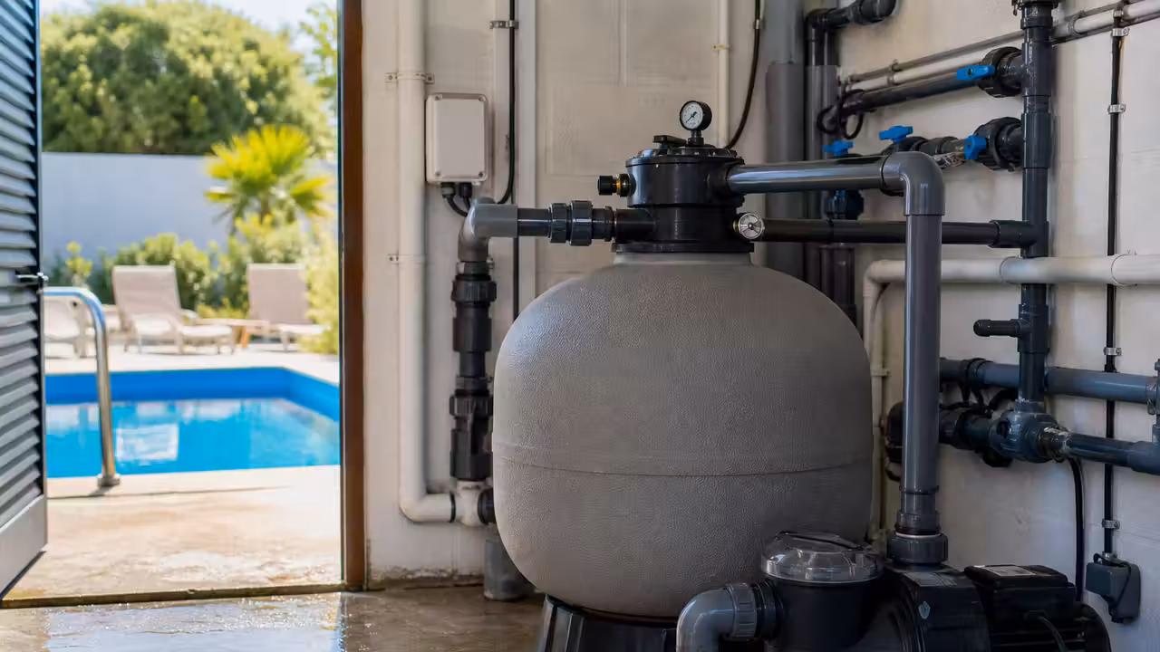 Local technique de piscine avec pompe, filtre à sable et manomètre raccordés à un bassin extérieur