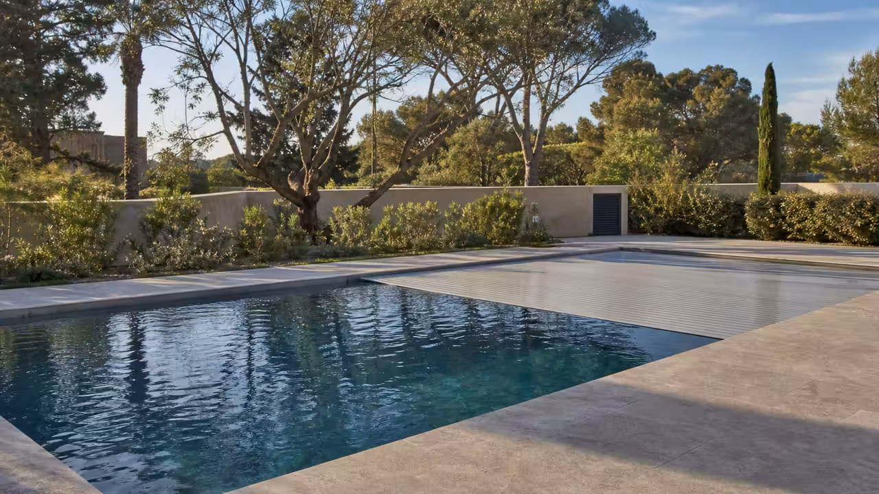 Piscine familiale rectangulaire couverte dans un jardin français, avec terrasse en pierre et végétation