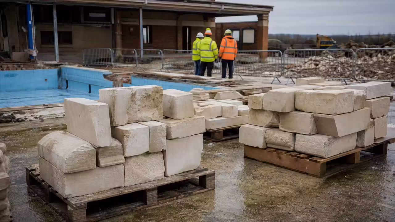 Blocs de pierre calcaire claire soigneusement triés sur un chantier de déconstruction d’une piscine publique