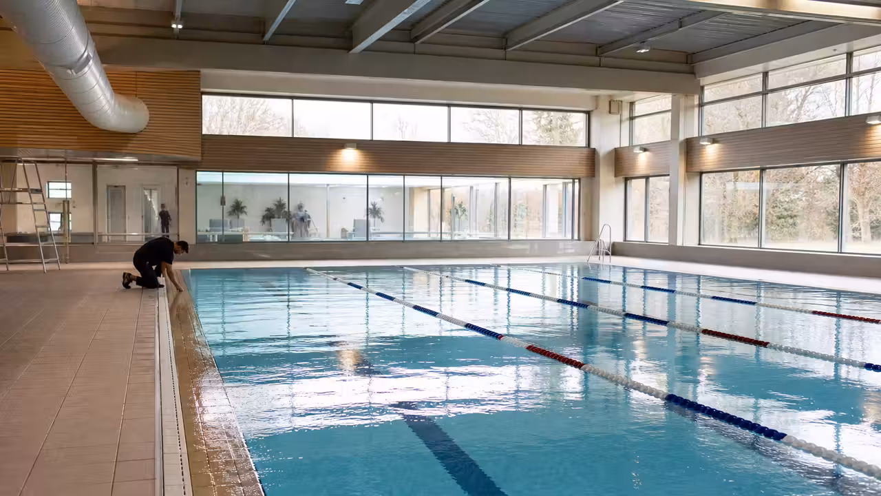 Bassin intérieur municipal vide et lumineux après maintenance, avec lignes d’eau et baies vitrées
