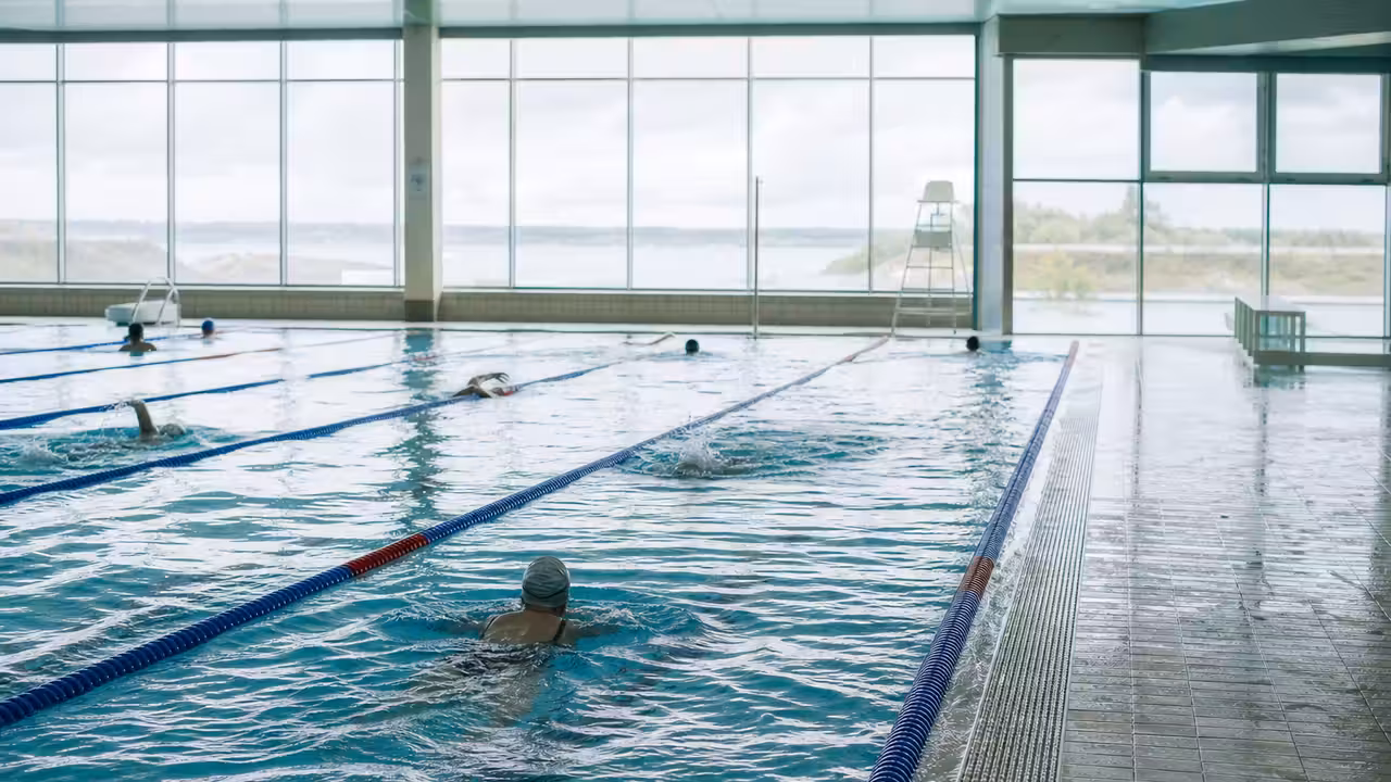 Bassin sportif couvert de 25 mètres avec lignes d’eau et baigneurs adultes lors d’une séance de nage libre