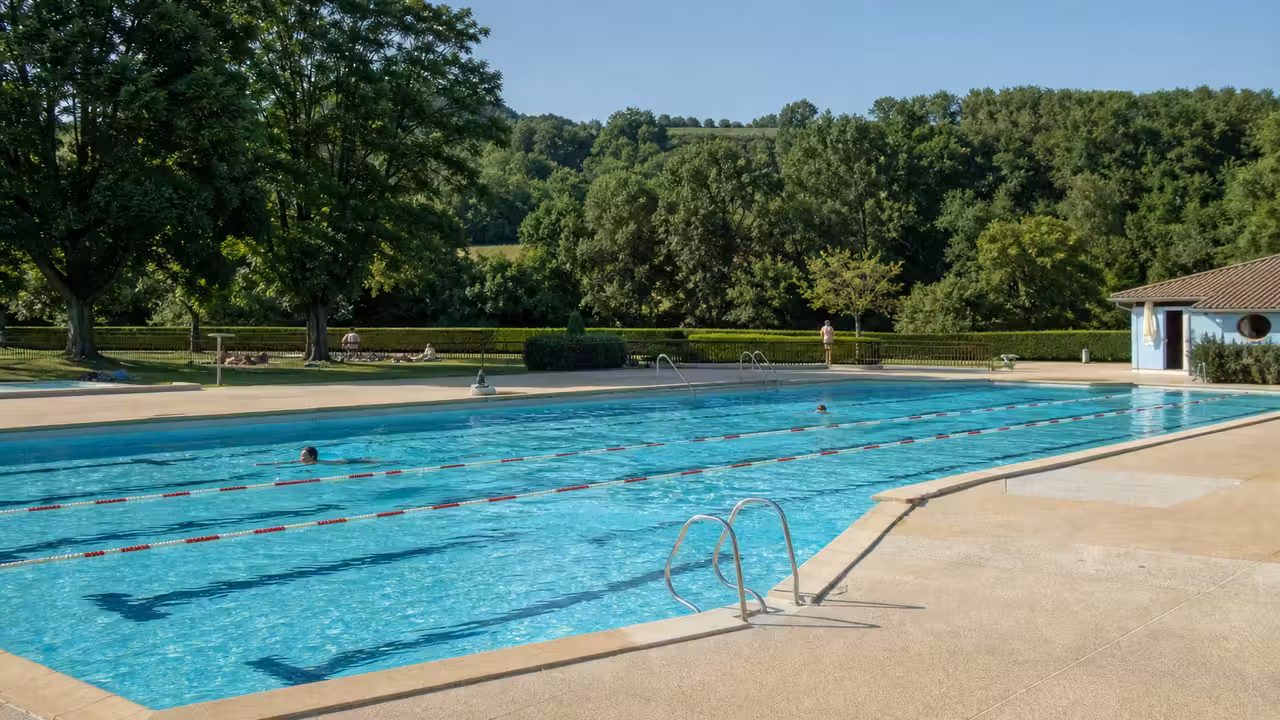 Bassin extérieur de la piscine du Paluet à Matour, entouré d’arbres et de plages ensoleillées