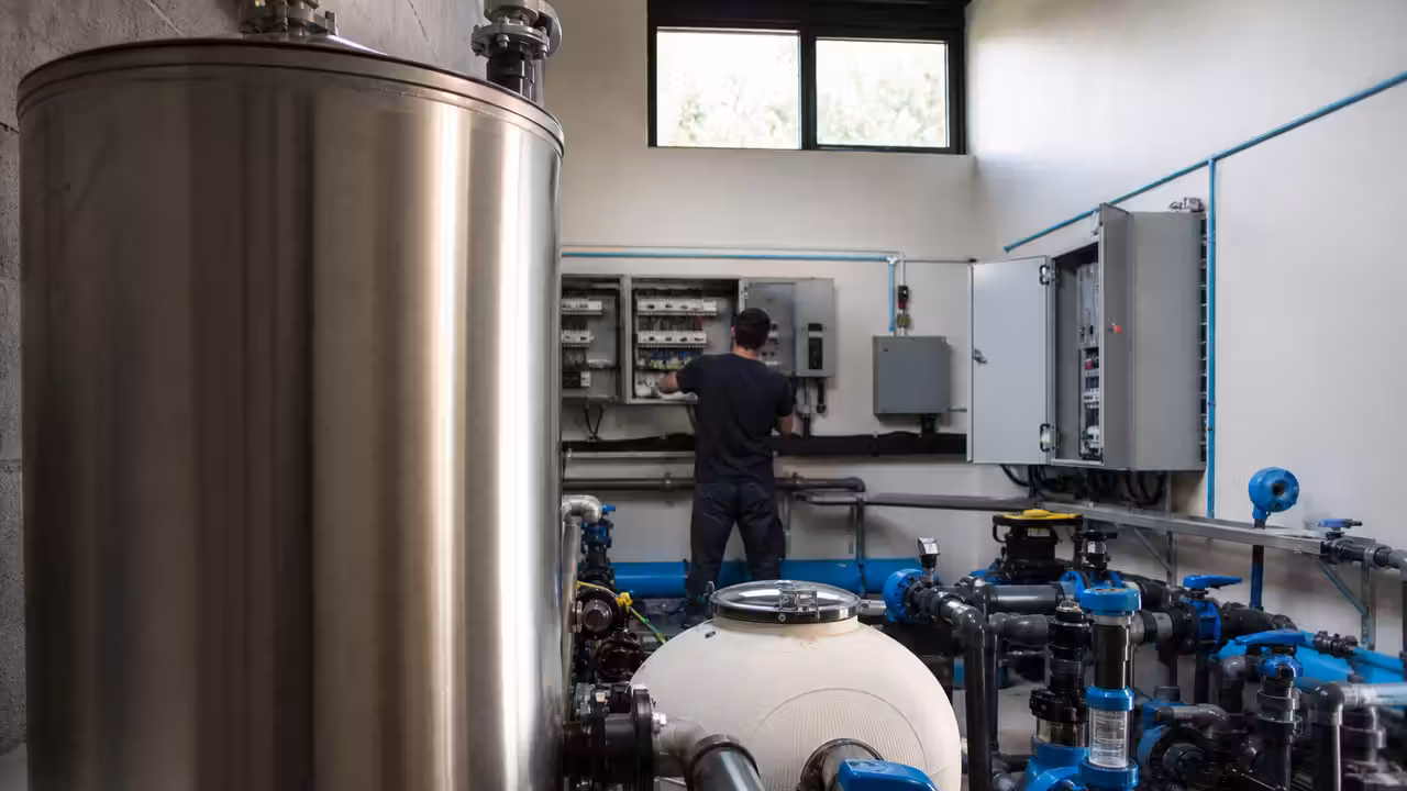 Équipements de filtration et tuyauteries d’une piscine municipale en cours de contrôle technique