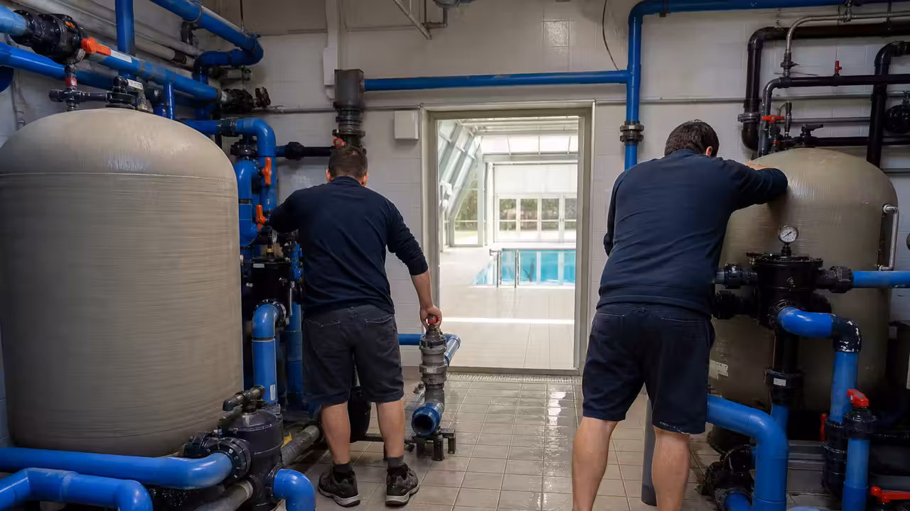 Local technique lumineux d’une piscine municipale avec filtres, tuyauteries et agents en maintenance
