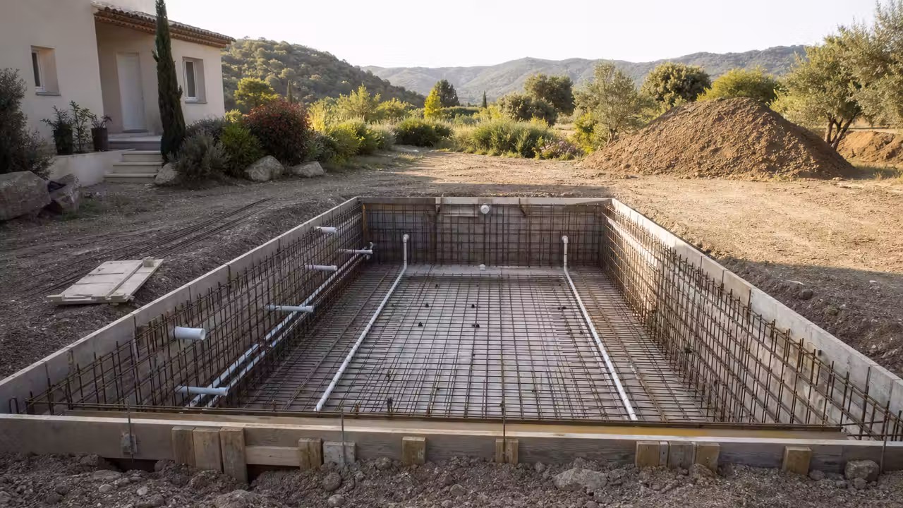 Chantier d’une piscine rectangulaire en béton coulé avec armatures, coffrages et réseaux hydrauliques apparents