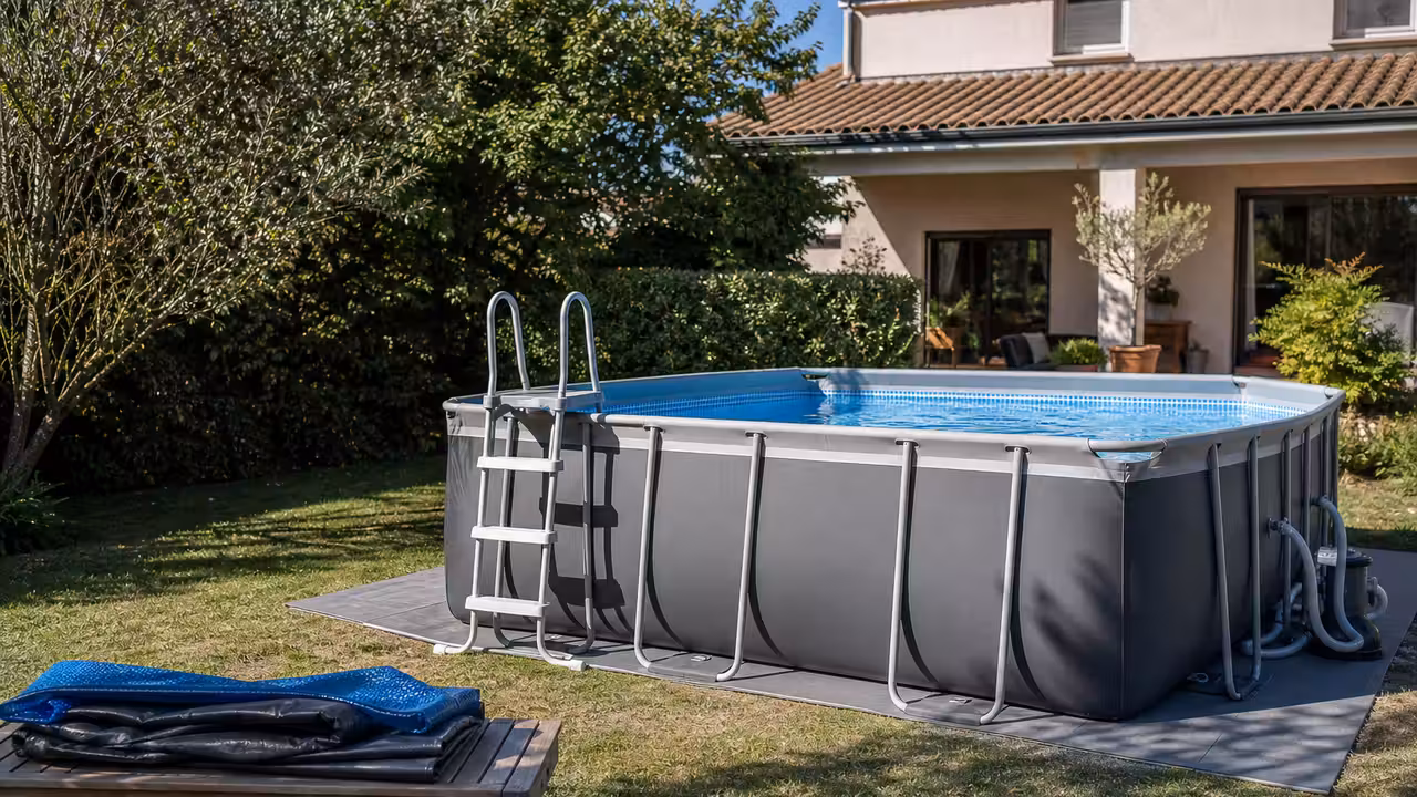 Piscine hors-sol tubulaire installée sur un jardin nivelé, avec tapis de sol et espace de circulation
