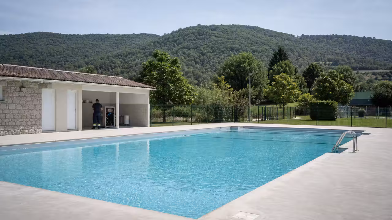 Piscine municipale en cours de réhabilitation avec bassin vide, plages neuves et équipements techniques visibles