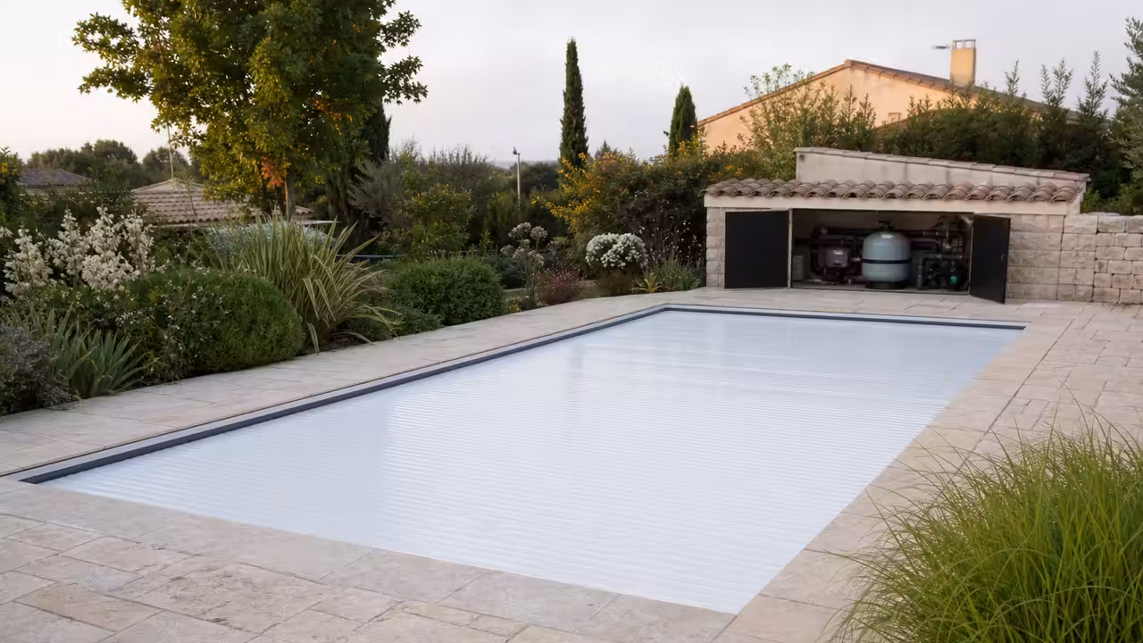 Piscine familiale couverte par un volet près d’un local technique, dans un jardin sobre et végétalisé