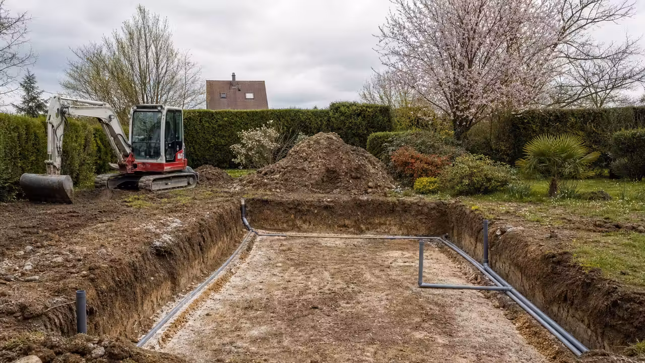 Chantier de piscine enterrée au printemps avec terrassement, terre excavée et jardin verdoyant