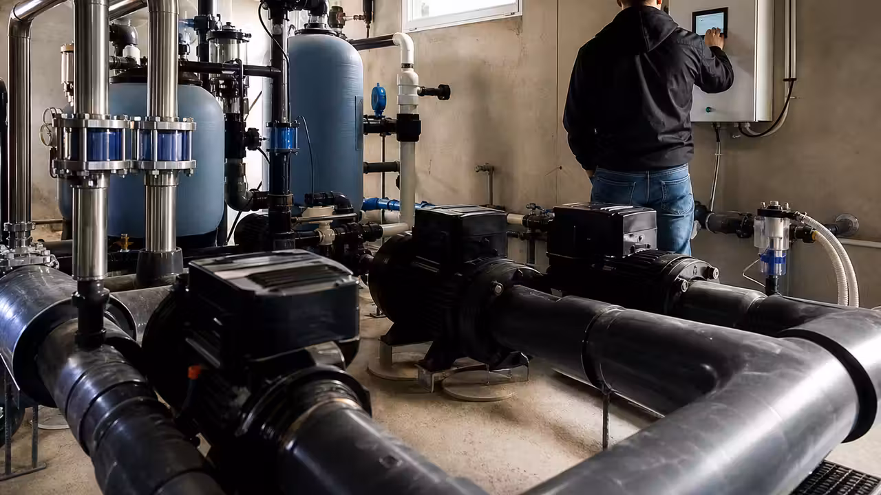 Local technique rénové d’une piscine publique avec pompes, filtres et compteurs de consommation