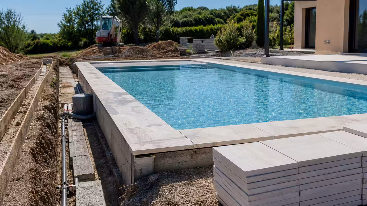 Piscine enterrée en chantier avec terrassement, margelles en pierre et jardin résidentiel en arrière-plan