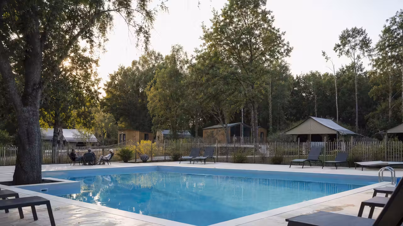 Vue d’un camping arboré avec bassin extérieur, terrasse minérale et hébergements légers contemporains