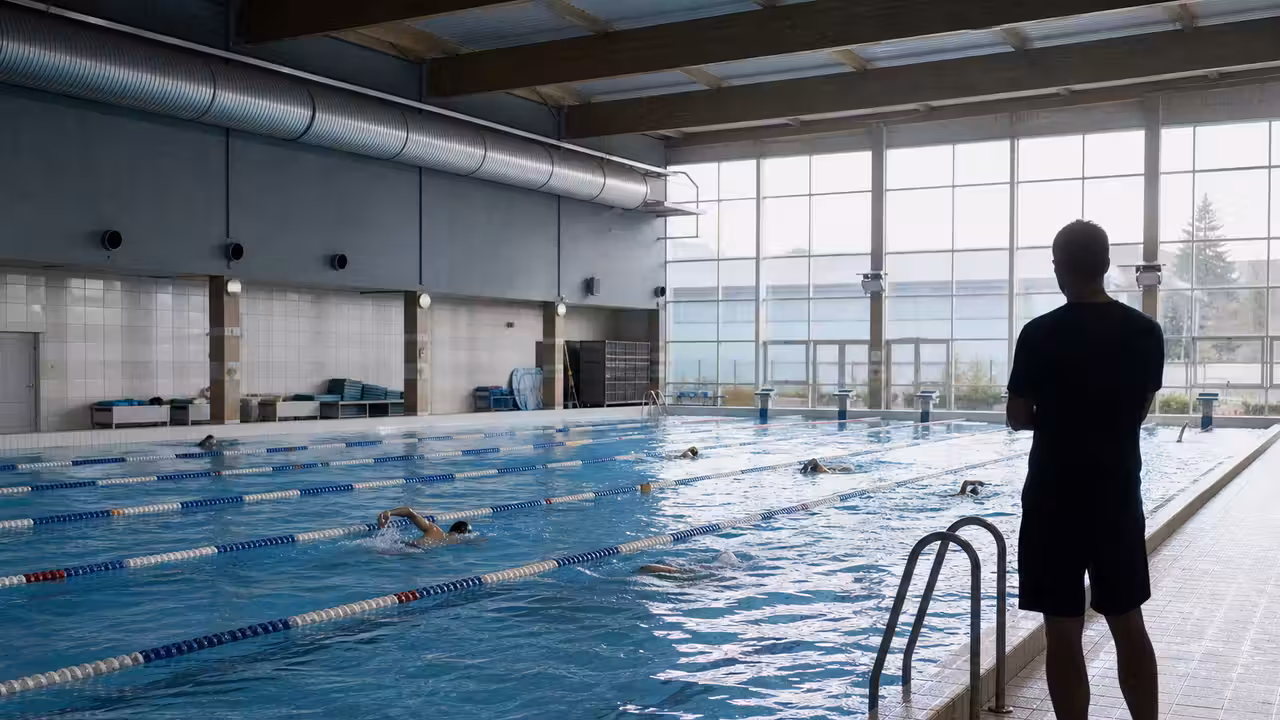 Lignes d’eau du bassin de 25 mètres d’un centre nautique couvert, éclairé par la lumière du jour
