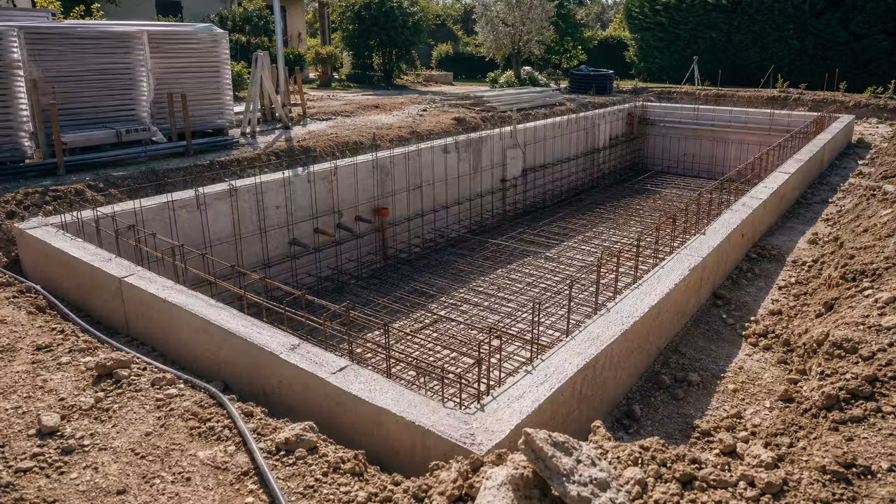 Piscine rectangulaire en béton en chantier avec ferraillage, terrassement et jardin résidentiel en arrière-plan