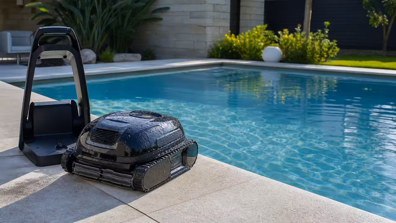 Robot de piscine sans fil au bord d’un bassin, avec station de recharge posée sur une margelle.