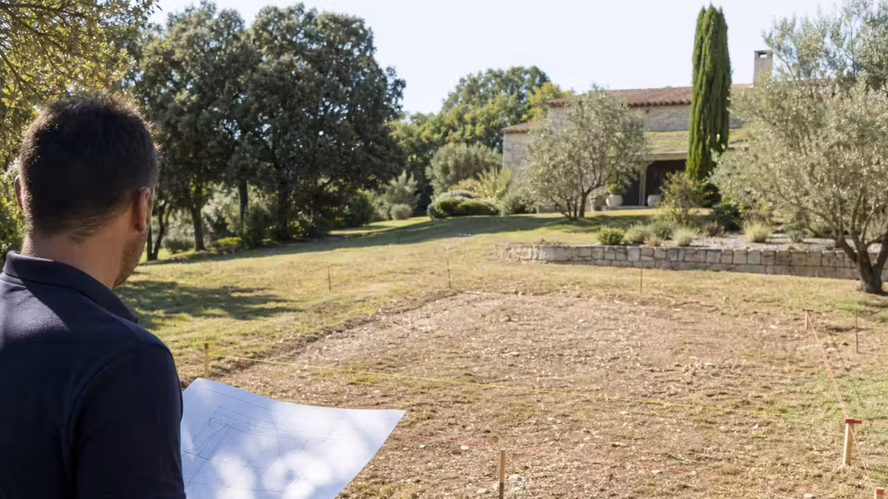 Piscine rectangulaire en cours d’implantation dans un jardin ensoleillé, loin des grands arbres et des pentes
