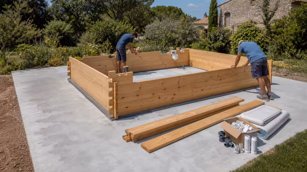 Montage d’une piscine en bois sur dalle, avec parois en madriers et margelles en cours de pose