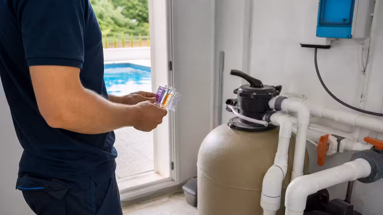 Technicien contrôlant l’analyse de l’eau dans un local technique de piscine, devant le filtre et les canalisations