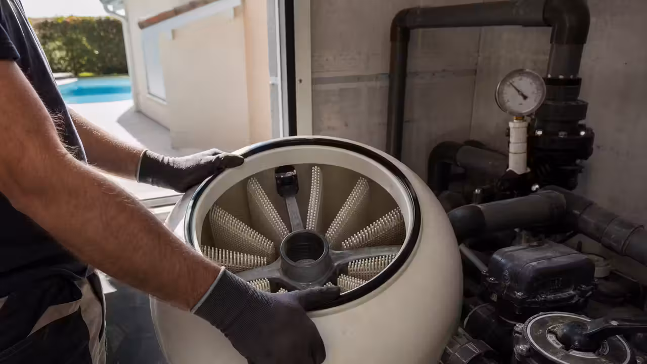 Filtre à diatomées ouvert dans un local technique avec ses éléments filtrants et son manomètre visible