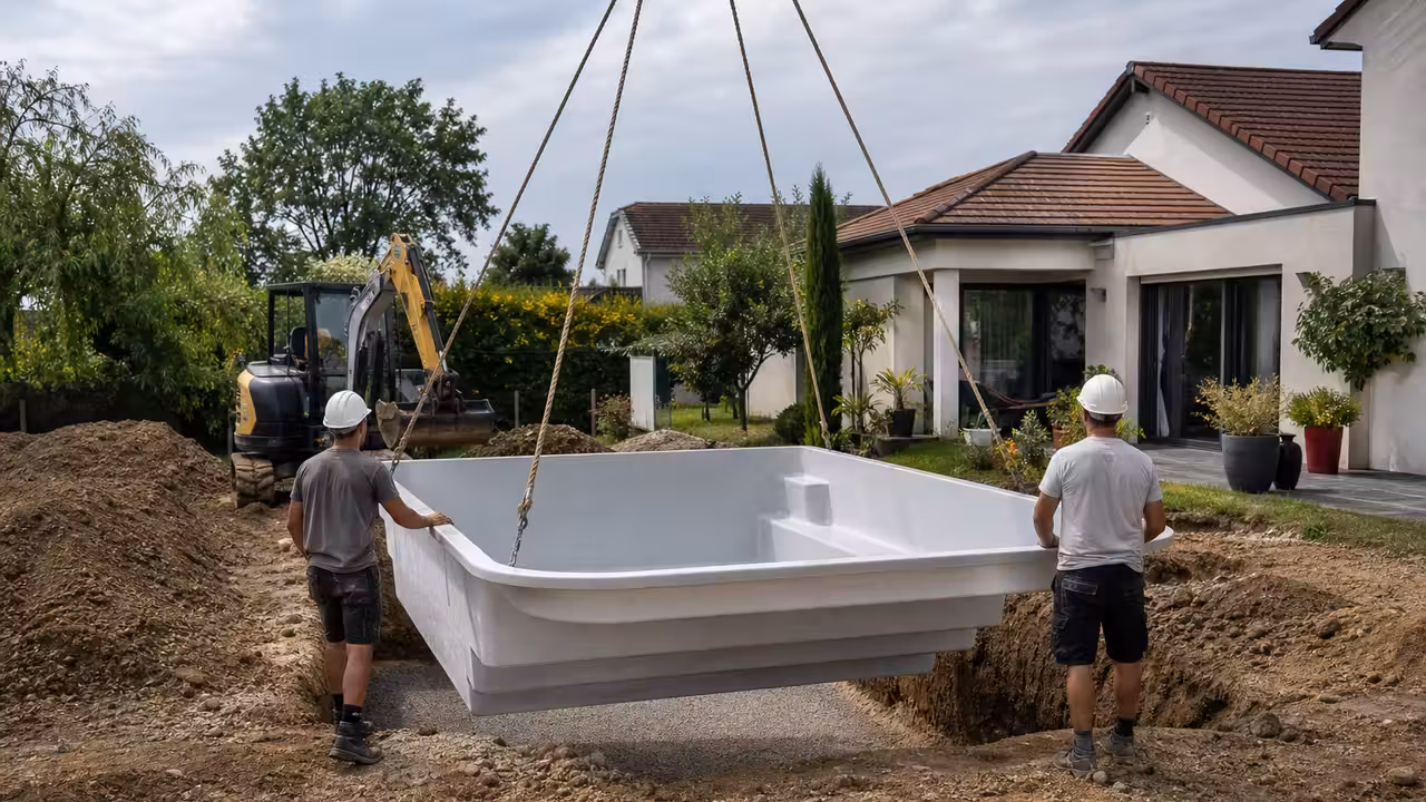 Piscine coque blanche en cours de pose dans une excavation, avec terrassement et jardin résidentiel en arrière-plan