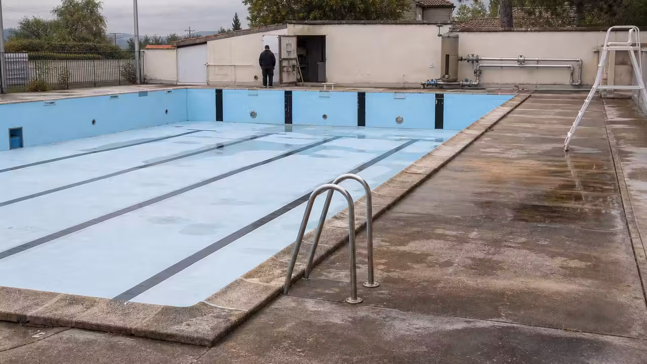 Bassin extérieur municipal vide, lignes d’eau visibles et local technique en arrière-plan