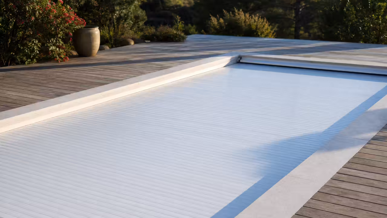 Volet automatique à lames blanches fermé sur une piscine rectangulaire bordée d’une terrasse en bois