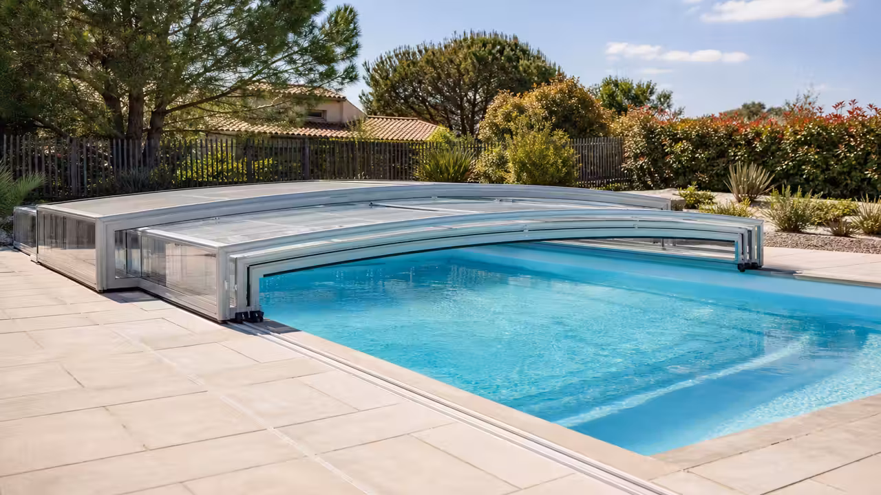 Abri de piscine coulissant bas en aluminium ouvert sur un bassin rectangulaire et sa terrasse claire