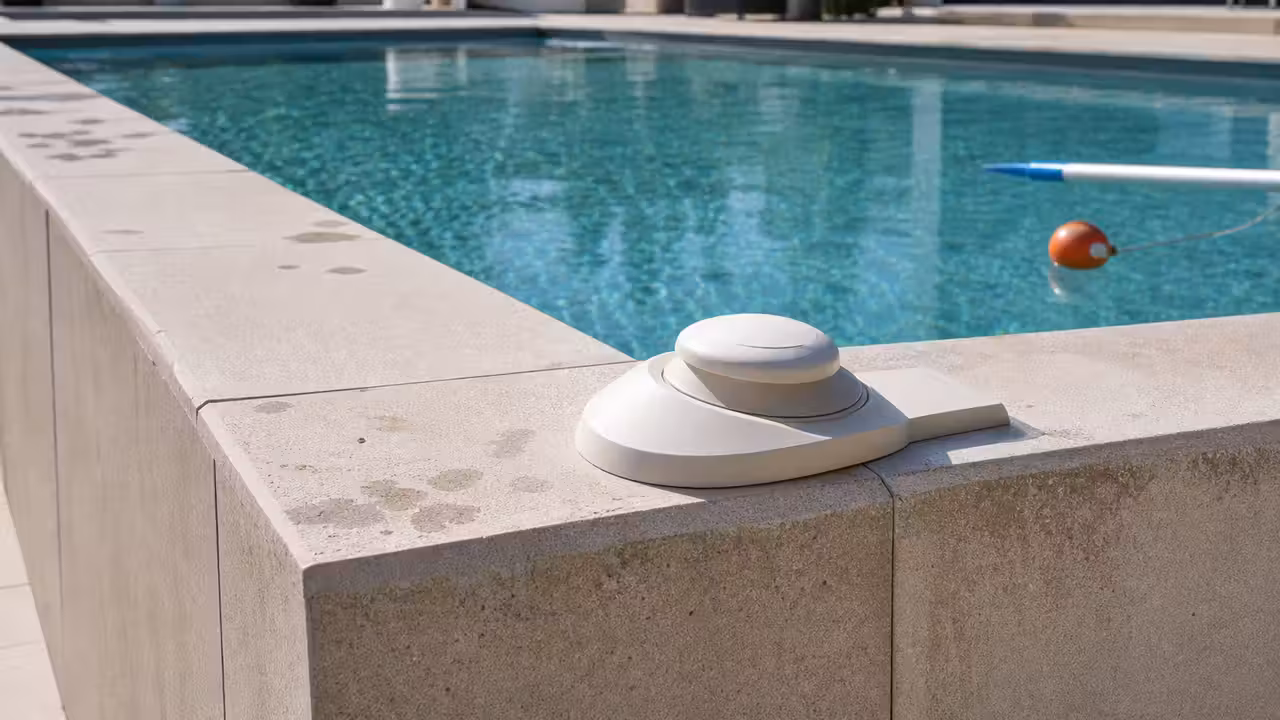 Alarme immergée fixée sur la margelle d’une piscine familiale au bord d’une terrasse sécurisée