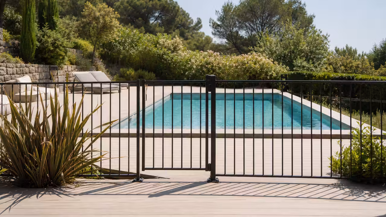 Barrière en aluminium avec portillon fermé autour d’une piscine privée sur une terrasse contemporaine