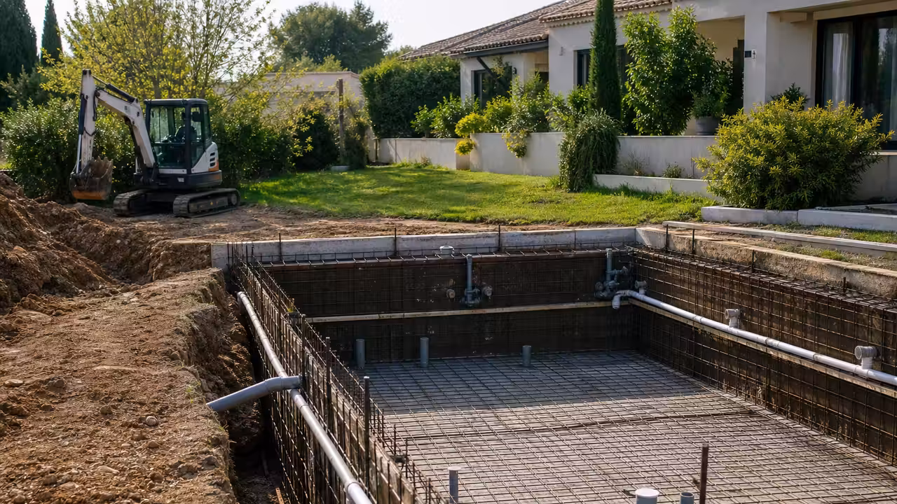 Chantier de piscine enterrée avec terrassement, armatures au sol et maison en arrière-plan