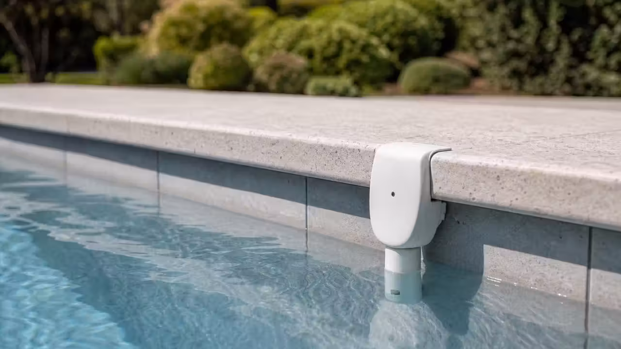 Alarme de détection d’immersion fixée sur une margelle au bord d’une piscine familiale extérieure