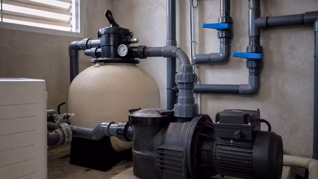 Pompe de filtration à vitesse variable raccordée à un filtre dans un local technique de piscine