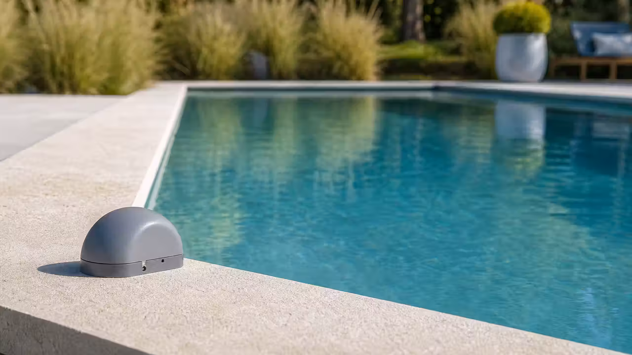 Alarme immergée installée sur la margelle d’une piscine privée avec terrasse sécurisée