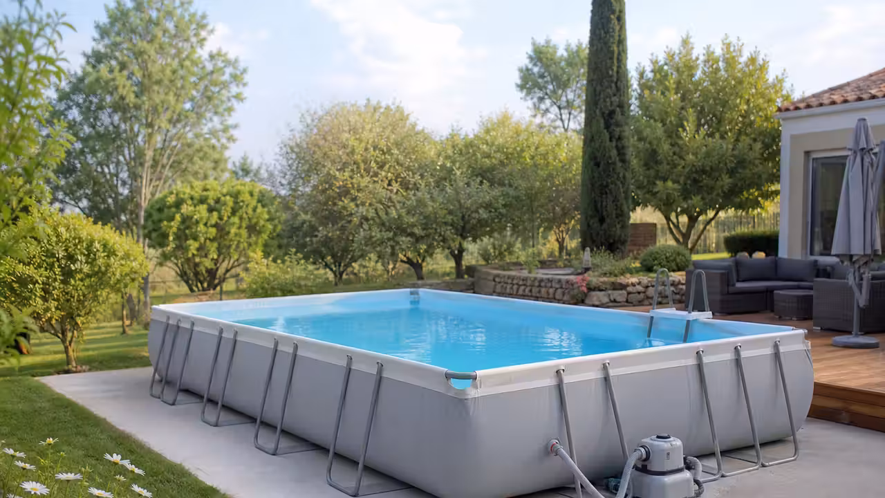 Piscine hors-sol tubulaire installée sur un terrain nivelé dans un jardin familial arboré