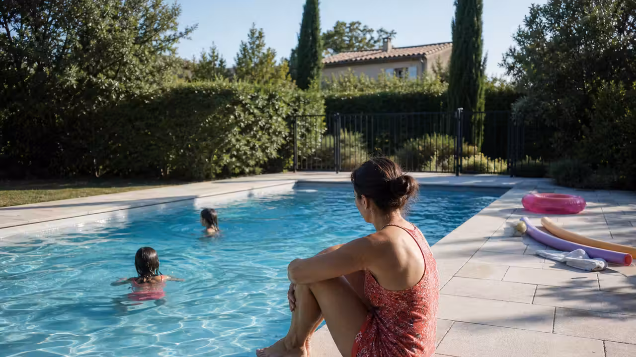Un adulte surveille deux enfants jouant calmement près du bord d’une piscine familiale sécurisée